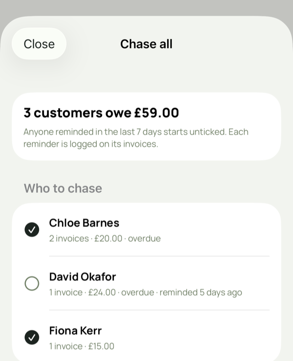 Chase all screen listing customers who owe money with a message preview