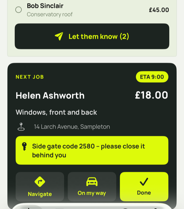 Mopi Today screen showing the next job card for Helen Ashworth with Navigate, On my way and Done buttons